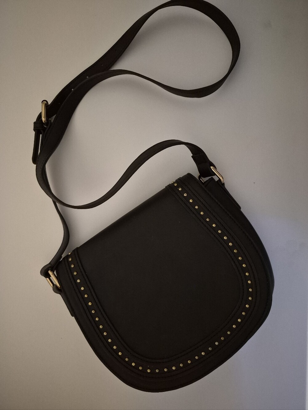 Black Saddle Crossbody Bag with Silver Stud Accents